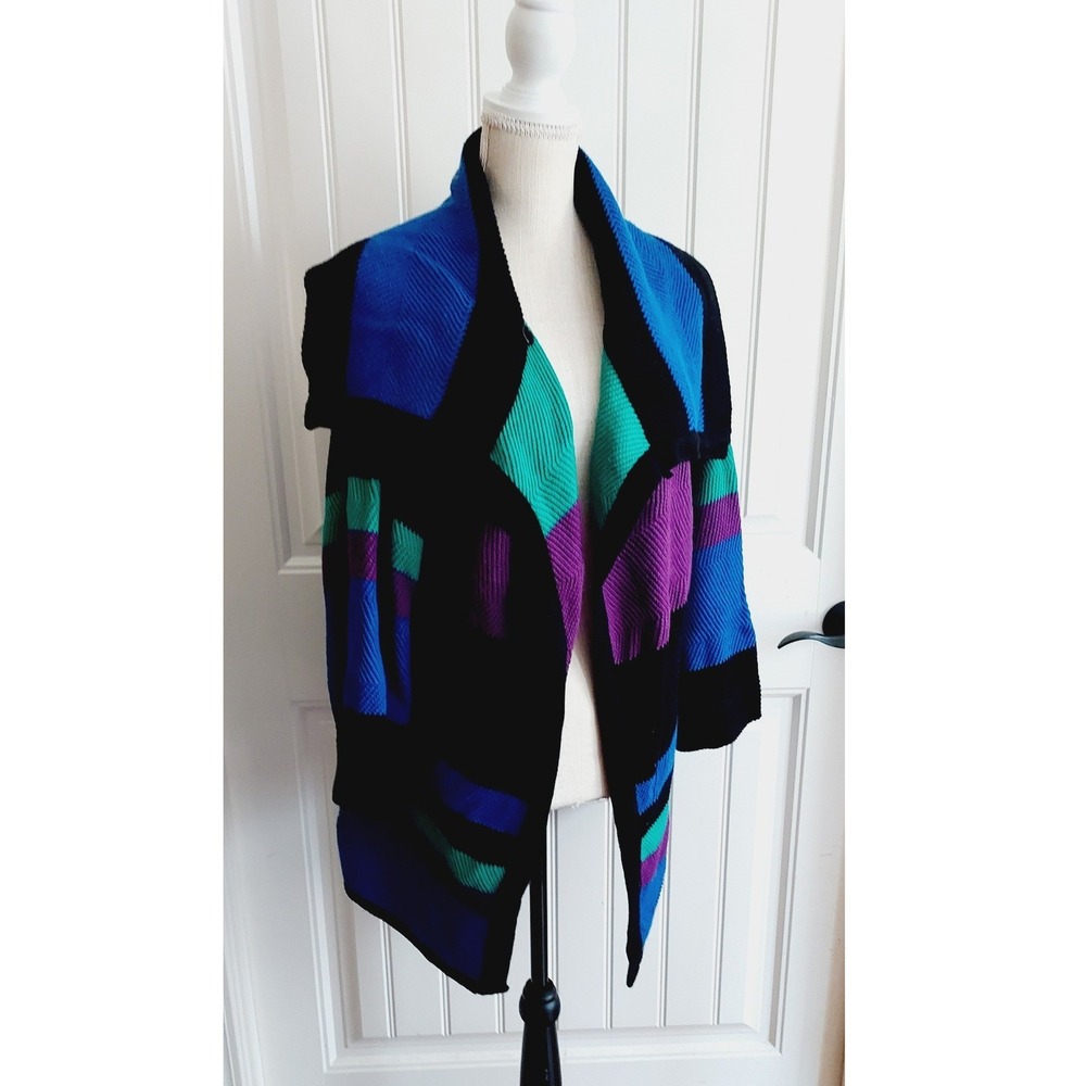 Rafaella Open Front Cardigan Women L XL 1X Blue Purple Geometric Colorblock Knit